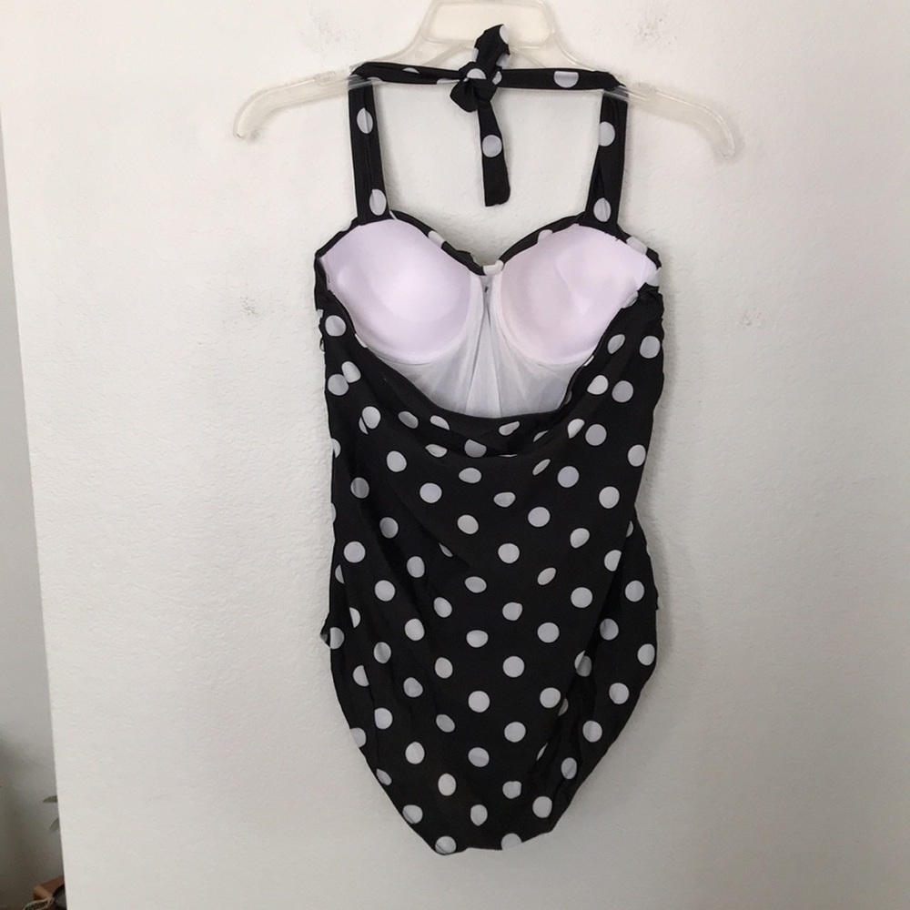 🖤NEW BLACK W/WHITE POLKA DOTS ONE PIECE SUIT PUSH UP BRA W/UNDERWIRES XL NWOT - Picture 4 of 7